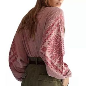 NWT Free People Rose Blush Combo Top Embroidered Dolman Long Sleeves M